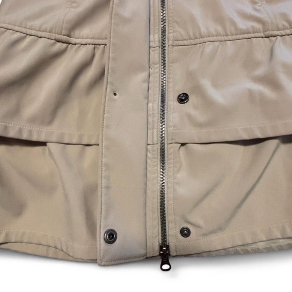 Athleta Shelter Cove Rain Jacket Sz S Beige Ruffle Long Soft Shell Hooded Trench - Picture 7 of 8